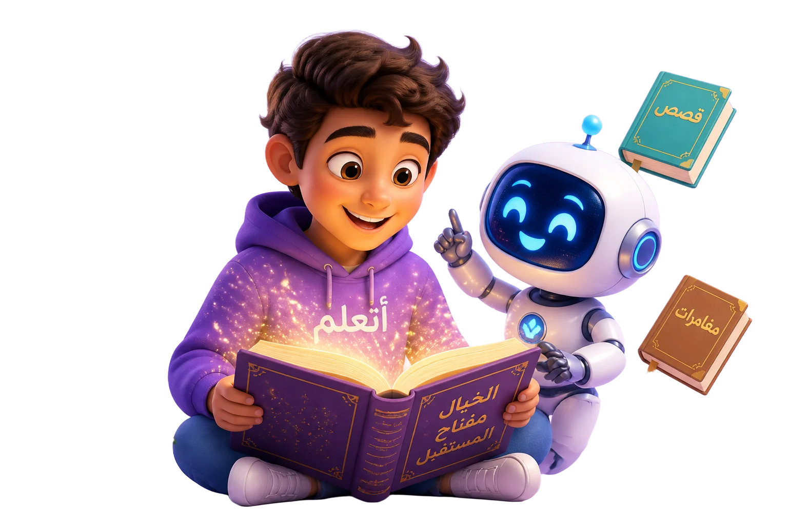 طفل سعيد يقرأ كتاباً سحرياً مع روبوت كيدزي