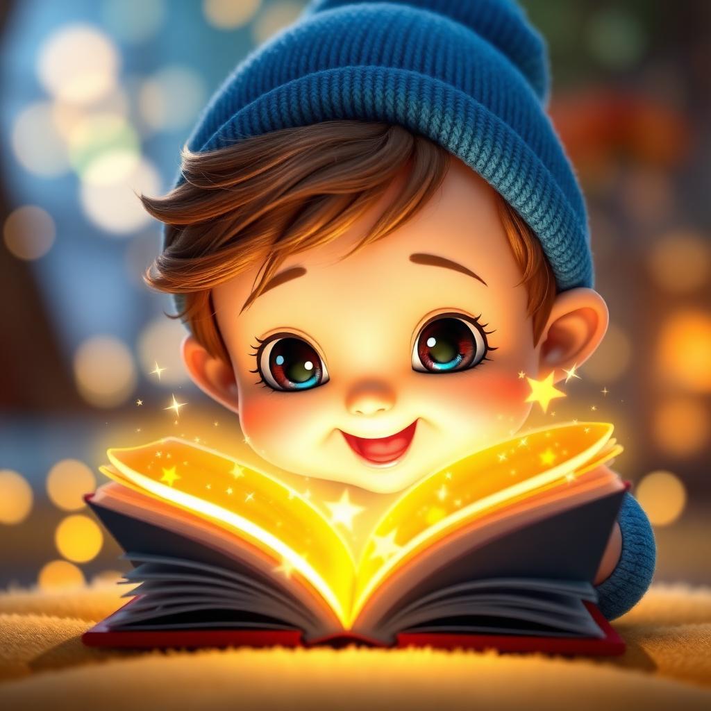 طفل كرتوني ثلاثي الأبعاد يقرأ كتاباً سحرياً